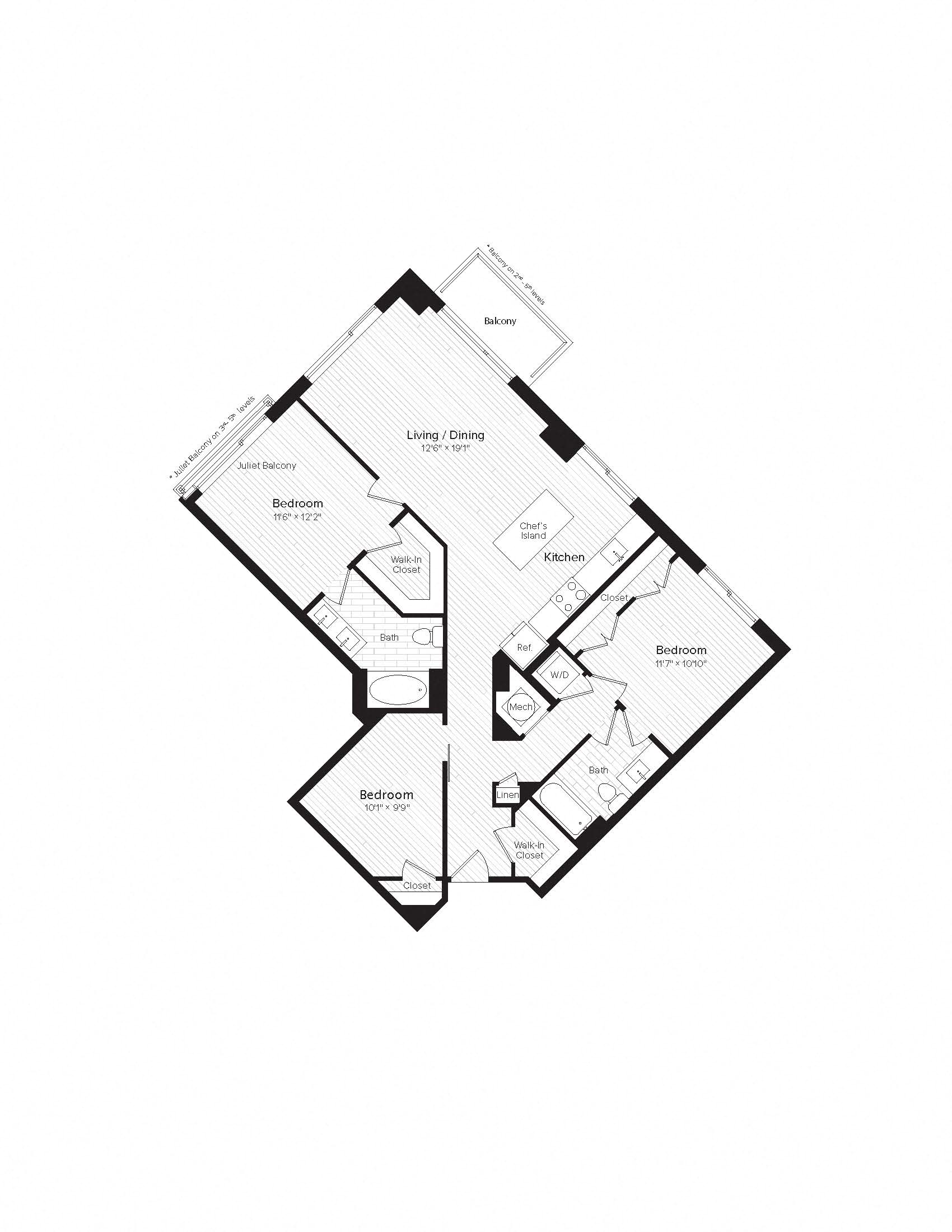 Floor plan for 2 beds, 2 baths, 1269 sqft
